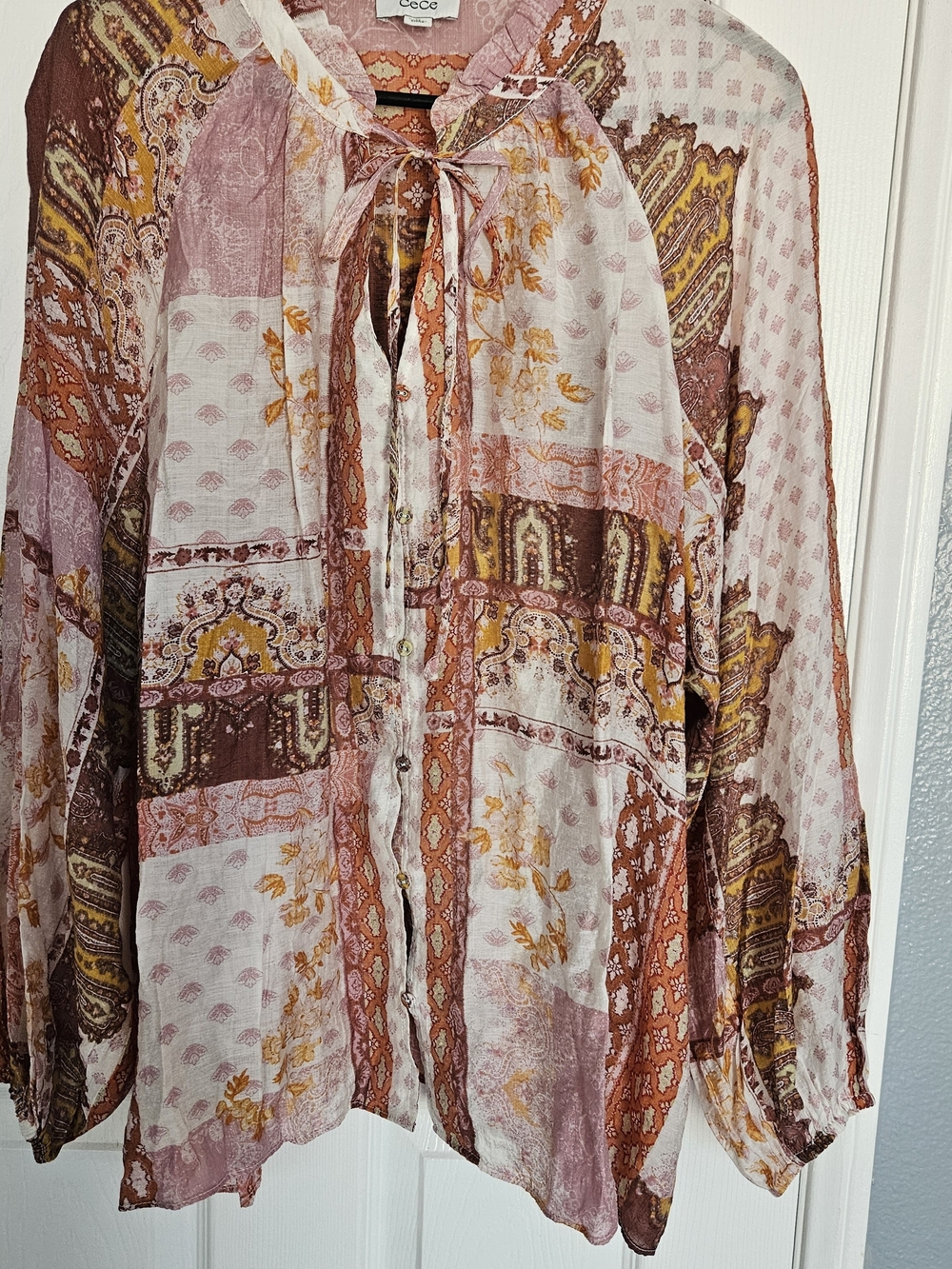 CeCe Pink & Rust Paisley Tie-Neck Blouse
